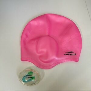 Performance Adult Silicone Swim Cap Long Hair Fit with Blue Green Nose Plug